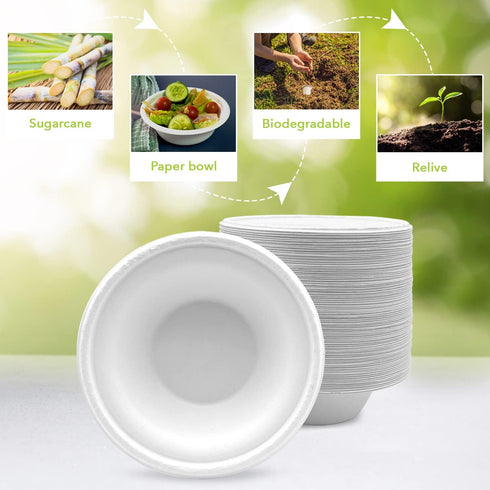 three leaf 8OZ. (240ml) BAGASSE BOWL, 50 Ct. Heavy-Duty Eco-Friendly Disposable Bowl, 100% Biodegradable