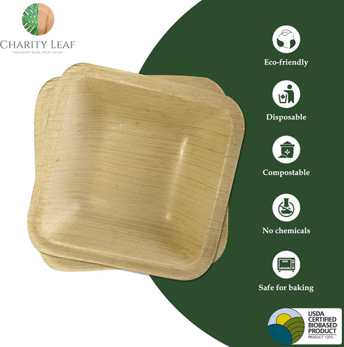 Disposable Palm Leaf Mini Bowl, 3.5" Square, 25 pcs, All Natural and Biodegradable Dipping Bowls for Parties