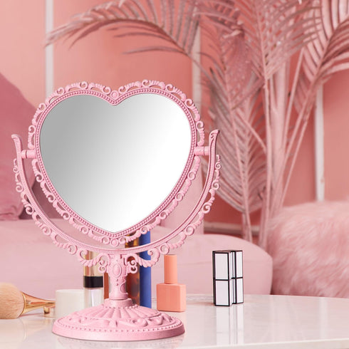 Pink Heart Vanity Mirror, 360 Degree Swivel Makeup Mirror, Double Sided Table Desk Countertop Mirror for Women and Girls