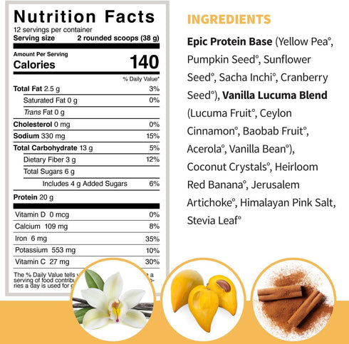 Sprout Living Epic Protein, 20 Grams Organic Plant Based Protein Powder, Vanilla Lucuma, Vegan, 1 Pound