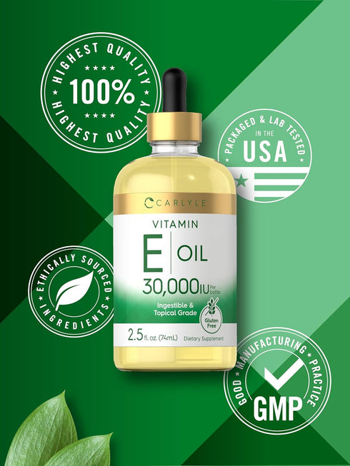 Carlyle Vitamin E Oil 30,000 IU, 2.5 fl oz, Moisturizing for Skin, Ingestible & Topical Grade, Non-GMO