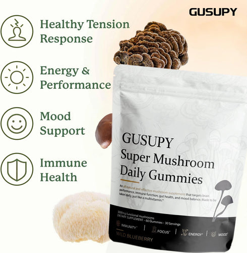 GUSUPY Gummies 12 60 Gummies Lions Mane Mushroom Supplement - Organic Mushroom Blend with Cordyceps, Reishi, Chaga