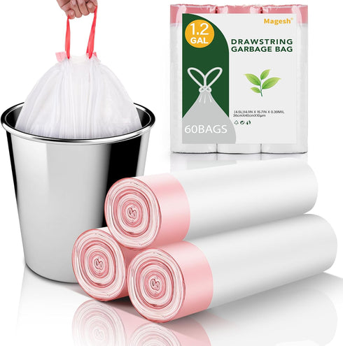 Magesh 1.2 Gallon Small Trash Bags Drawstring - White Mini Garbage Bags (Fit