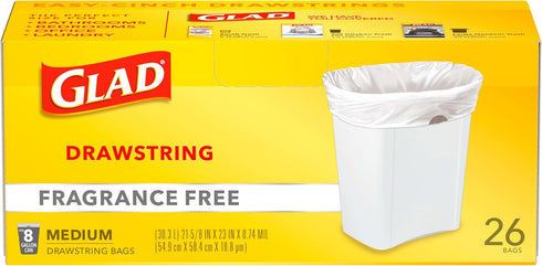 Glad Trash Bags, Medium Drawstring Garbage Bags, 8 Gallon, 26 Count, White, Fragrance Free, Pack May Vary