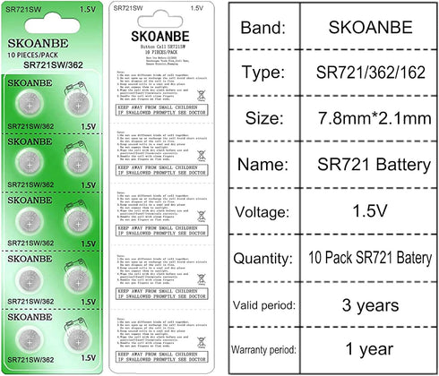 SKOANBE SR721SW 362/361/162 1.5V Button Coin Cell Watch Battery-10 Packs
