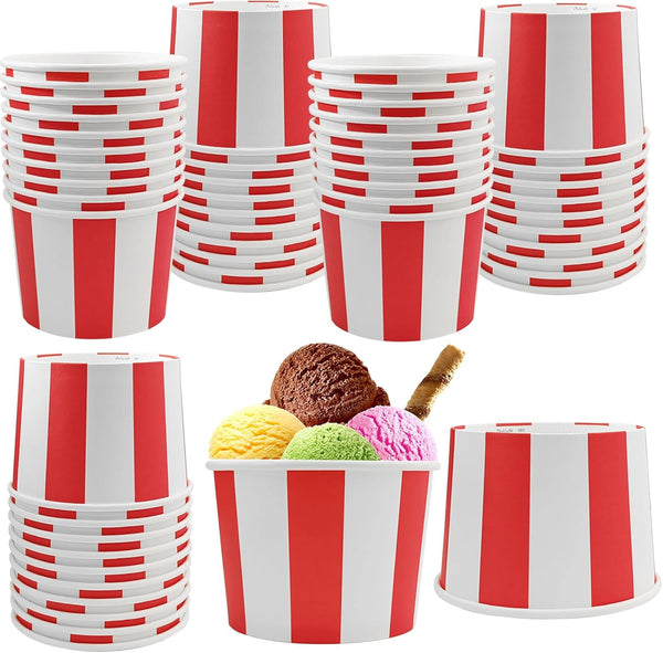 50 Pcs Red White Striped Ice Cream Cups, Disposable Paper Snack Bowls, 9oz Circus Carnival Dessert Containers