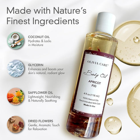 Olivia Care Body Oil Apricot Fig - Vegan Natural Moisturizing with Vitamin E, K & Omega Fatty Acids