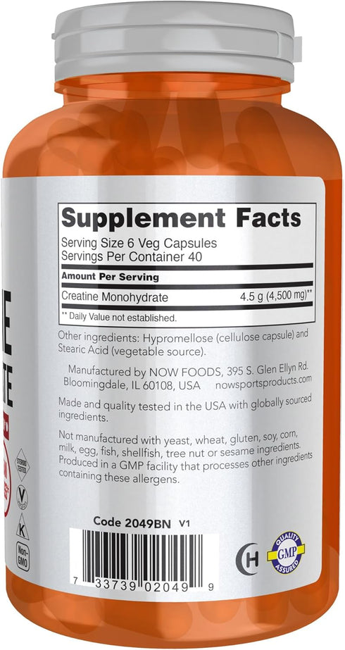 NOW Foods Sports Nutrition - Creatine Monohydrate 750 mg, Mass Building/Energy Production - 240 Veg Capsules