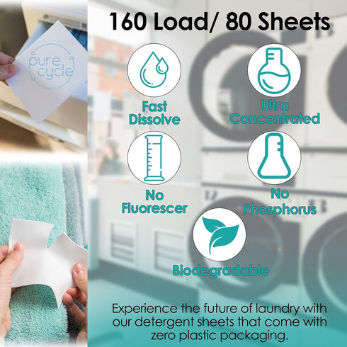 Pure Cycle Laundry Detergent Sheets - No Spill Travel Pack, 160 Loads, Fragrance Free
