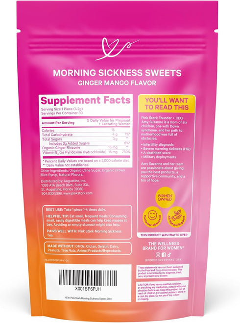 Pink Stork Morning Sickness Sweets, Organic Mango Ginger Candy with Vitamin B6 - 30 Wrapped Drops