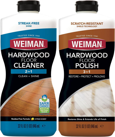 Weiman Hardwood Floor Cleaner and Polish Restorer Combo - 2 Pack, Natural Shine, Removes Scratches
