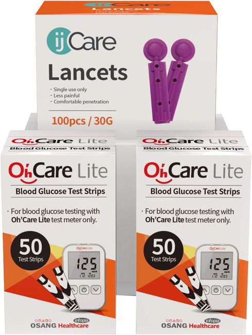 Oh’Care Lite Blood Sugar Testing Monitor, Glucose Test Strips & Lancets for Accurate Diabetic Supplies (100 Strips +