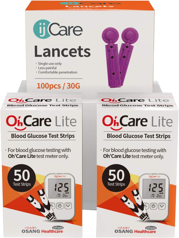 Oh’Care Lite Blood Sugar Testing Monitor, Glucose Test Strips & Lancets for Accurate Diabetic Supplies (100 Strips +
