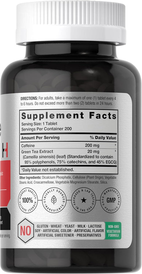 Horbaach Caffeine Pills - 200mg with Green Tea, 200 Tablets, Vegetarian, Non-GMO & Gluten Free
