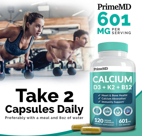 PrimeMD 4-in-1 Calcium Supplements 600mg with Vitamin D3 K2 B12 for Heart & Bone Health, 120 Count