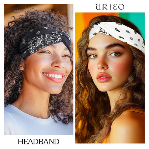 Urieo Knotted Boho Bandanas Headband, Paisley Hair Turban for Women, Sport Yoga (Pack of 4) (A)