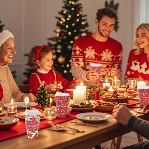 Lingringdcy 72 Set Christmas Disposable Coffee Cups with Lids and Sleeves Snowflake Reindeer Paper Drinking To Go Cups