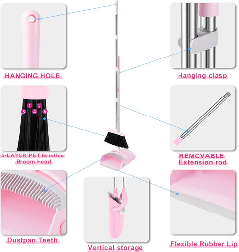 Set BSKLIN Broom and Dustpan House Brooms for Sweeping Indoor Collapsible Broom and Dust Pan Combo for Home Office