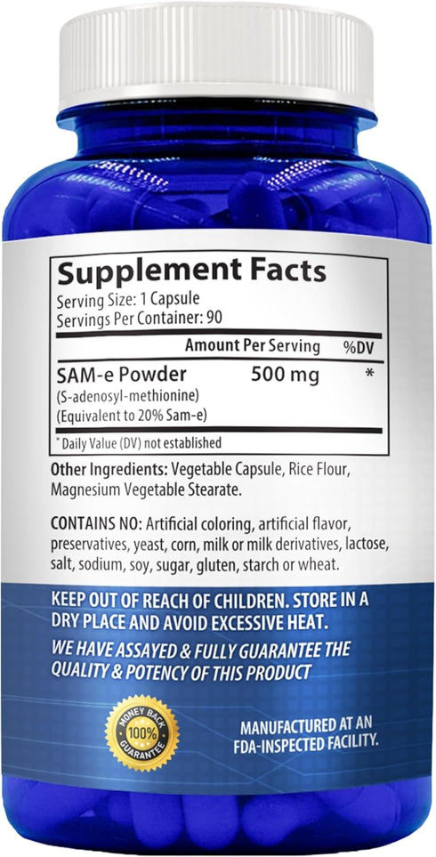 SAM-E Supplement 500mg | S-Adenosyl-L-Methionine for Bone and Mood Support | Non-GMO, Gluten Free (90 Day Supply)