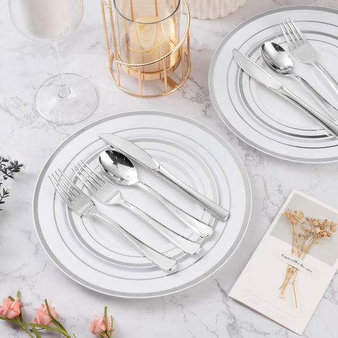 200PCS Silver Plastic Silverware - Heavy Duty Disposable Cutlery Set of 100 Forks, 50 Spoons, 50 Knives for Parties &
