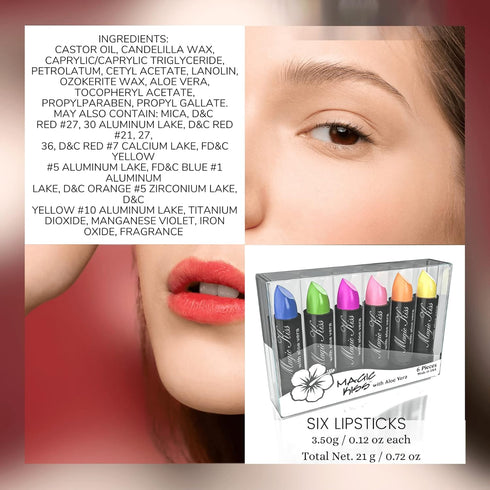 Magic Kiss 6 Piece Color Changing Matte Lipstick Set with Aloe Vera, Made in USA (Colors of Aloha 1)
