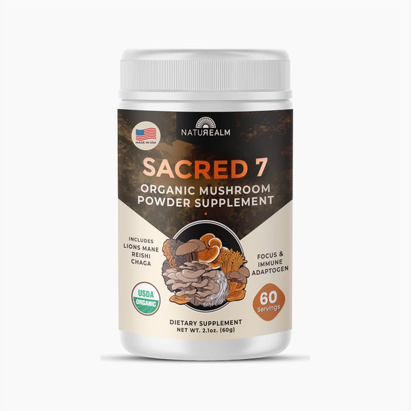 Sacred 7 Organic Mushroom Supplement, 100% Fruiting Body Extract Powder with Lions Mane, Reishi, Chaga & More