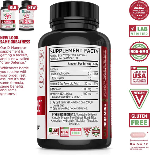 Zhou Nutrition Cran Defense, Cranberry Concentrate Urinary Tract Formula, Flush Out Impurities and Healthy Bladder Support, 3 in 1 Formula - Cranberry Extract, D-mannose, Vitamin C, Multi - 60 Count