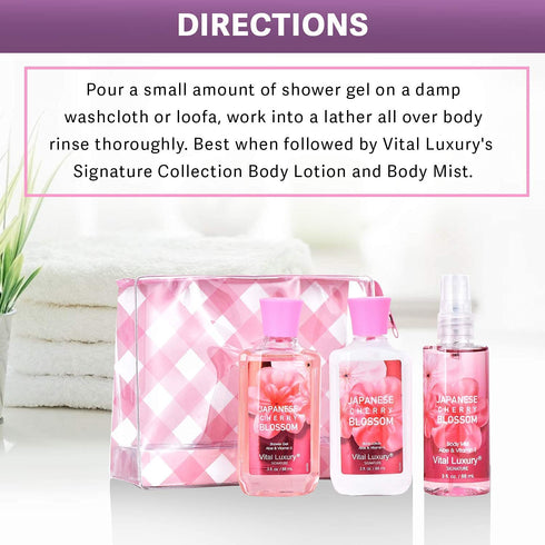 Bath & Body Care Travel Set - Home Spa Set with Body Lotion, Shower Gel, and Fragrance Mist (Japanese Cherry Blossom)
