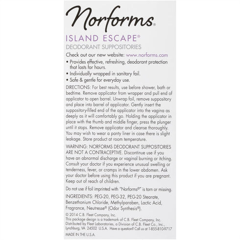 Norforms Feminine Deodorant Suppositories, 12 Count, Island Escape Scent, Pack of 3