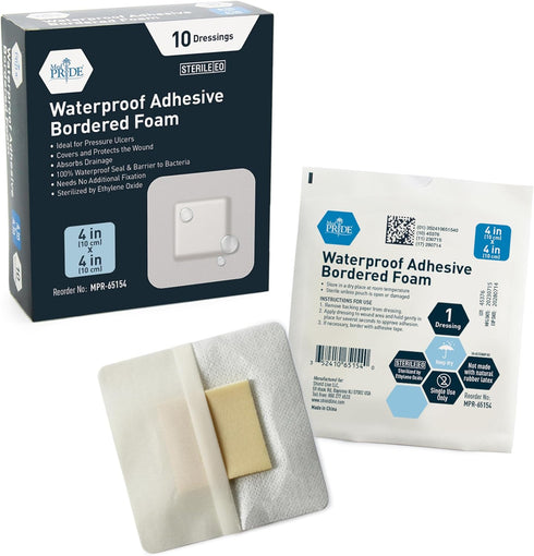 MED PRIDE Sterile Waterproof Silicone Foam Dressing with Adhesive Border, Absorbent Bandage (4x4 Inch, Pack of 10)