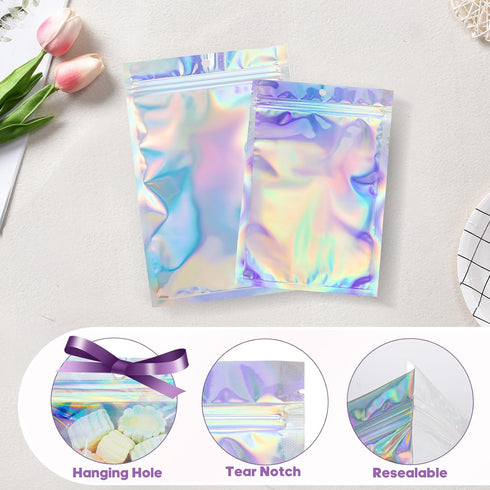 Resealable Foil Pouch Mylar Sample Bag, 5.5x7 inch Holographic Packaging Bags, Great for Small Business and Party Favor