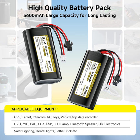 Palowextra 2 Pack 3.7V 5600mAh Pack SM2.0 PH2.0 2P Lithium ion Rechargeable Battery with Connector Plug for DIY