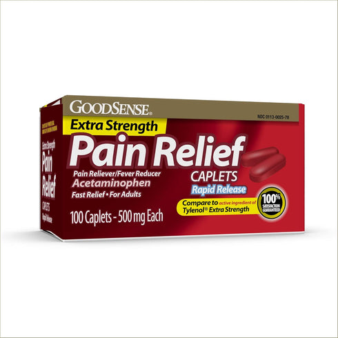 GoodSense Rapid Release Pain Relief, Extra Strength Acetaminophen Caplets 500 mg, 100 Count, Fever Reducer