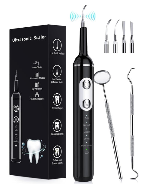 Plaque Remover Dental Cleaning Kit, Rechargeable Tartar Remover with LED Light & 5 Modes, 4 Replaceable Heads