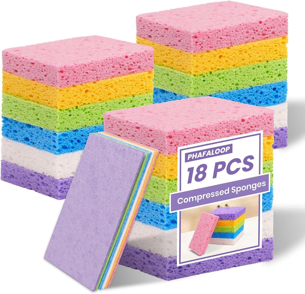 Phafaloop 18 Pack Compressed Cellulose Sponges, 6 Color Assorted Kitchen Cleaning Sponges, Natural