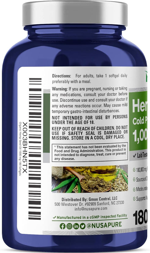 NusaPure Hemp Seed Oil Softgel 1000mg - 180,000mg per Bottle for Health Benefits