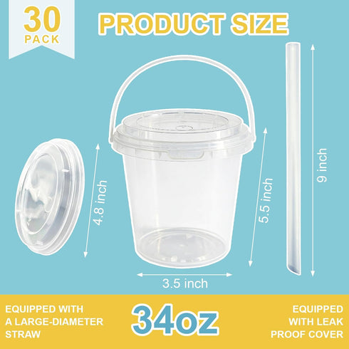 TTzycc 30 Sets 34 oz Drink Buckets with Lids and Straws, Reusable Clear Plastic Party Cups for Iced Coffee, Smoothies