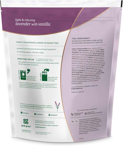 Grab Green 3-in-1 Laundry Detergent Pods, 60 Count, Lavender Vanilla Scent, Plant and Mineral Based