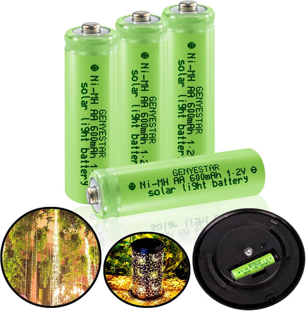 AA Solar Light Batteries, Rechargeable NIMH 600mAh 1.2V for Garden Lawn Landscaping Solar Lamps