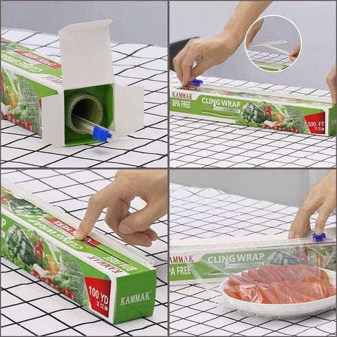 KAMMAK 12 inch 2 Pack 300 Plastic Wrap, Food Wrap with Slide Cutter, Cling Wrap Food Service Clear Cling Film Square FT