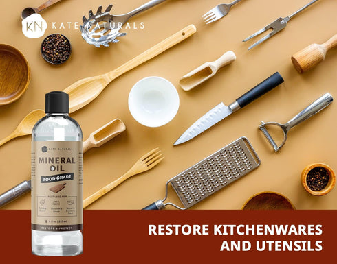 Kate Naturals Mineral Oil for Wood Cutting Board, Food Grade Mineral Oil for Butcher Block & Utensils