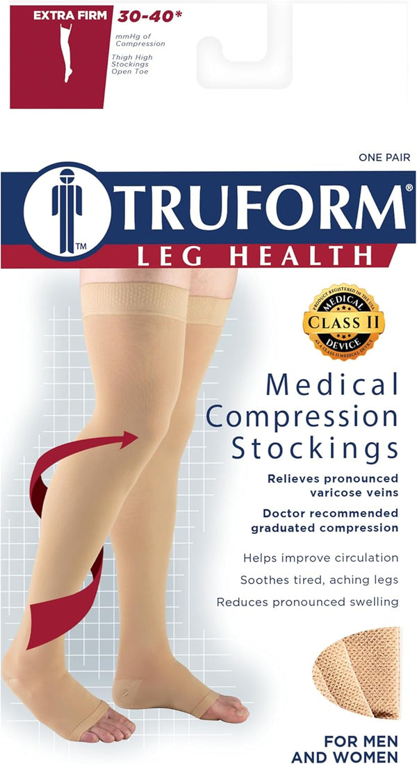 Truform Compression Stockings for Men and Women, 30-40 mmHg, Thigh High, Dot-Top, Open Toe, Beige, Medium