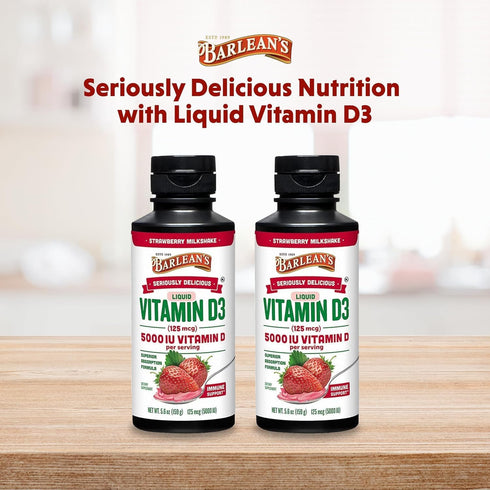 Pack 2 D3 5000 5.6 oz Barlean's of Vitamin Liquid Supplement for Kids and Adults, IU Vitamin D, Strawberry Milkshake