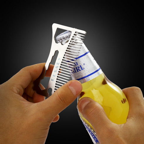 Resafy Pocket Comb for Men, Thickening Stainless Steel Razor Comb, Beard Wallet Comb with Bottle Opener & Screwdriver