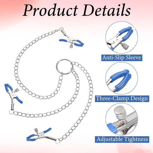 Quilax 3 Adjustable Non Piercing Nipple Clamps Y Necklace for Women Men, Body Jewelry with Soft Silicone Pads, Clips
