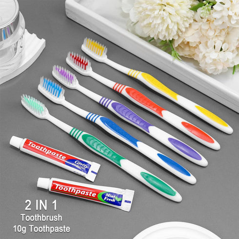 Pack of 50 Disposable Toothbrushes with Toothpaste Individually Wrapped, 10g Travel Toothpaste Single Use Manual Toothbrush Kit for Guests Travel Hotel Nursing (50 pcs,5 Colors)
