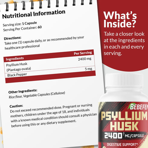 BEBEFEN Psyllium Husk Capsules 2400mg with Black Pepper - 2 Month Supply, Non-GMO, Gluten-Free Daily Fiber