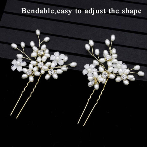 Wedding Hair Pins (3 Pcs) - Elegant Pearl Floral Crystal Hair Accessories for Bridal Women in Gold