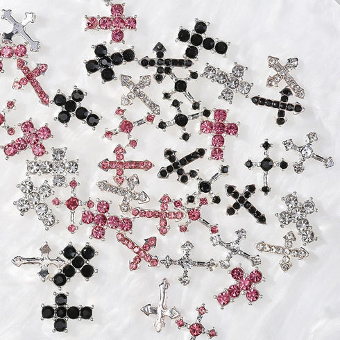 Crystal Cross Nail Charms - y2k Nail Crystal Cross Charms - Silver Crystal Cross Nail Art, 3D Pink Nail Cross Charms for DIY Designs Supplies