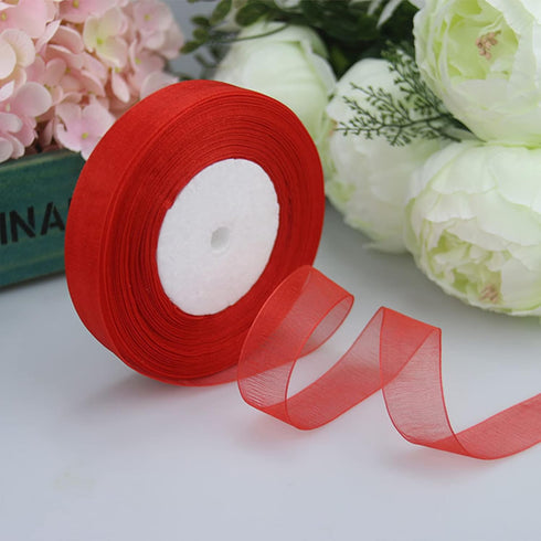 1 Inch Red Organza Ribbon, 50 Yard Sheer Chiffon for Gift Wrapping, Transparent Wired Tulle for Holiday Presents